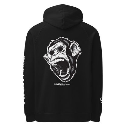 Black hoodie with a monkey graphic on the back against a white background