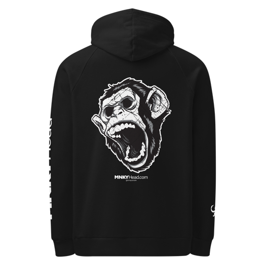 Black hoodie with a monkey graphic on the back against a white background